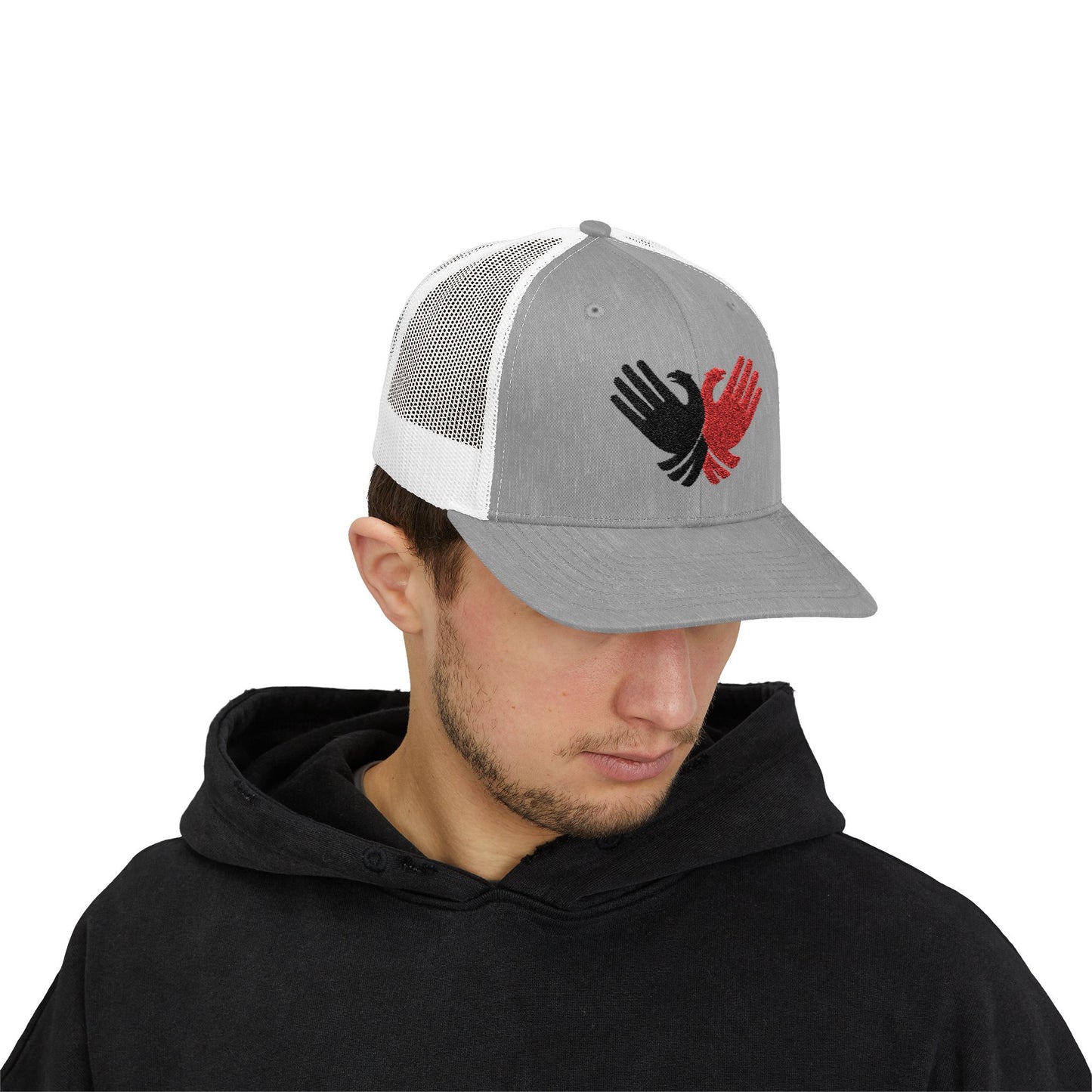 Albanian Pride Trucker Hat - Crossed Hands Double-Headed Eagle Design