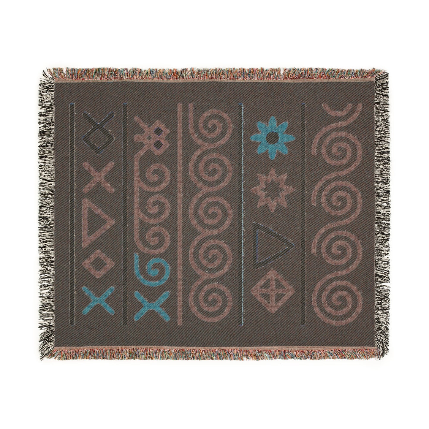 Black, Teal & Golden Boho Tribal Symbol Woven Throw Blanket - Illyrian Weave