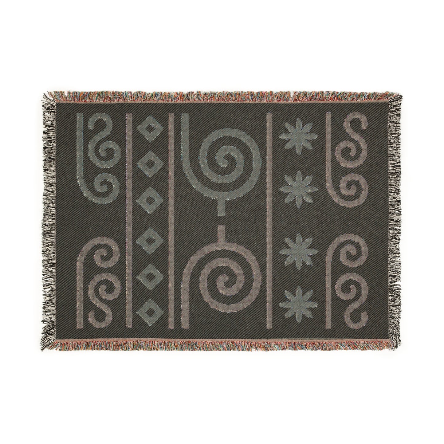 Cream, Teal and Cocoa Boho Spiral & Diamond Woven Throw Blanket - Illyrian Weave