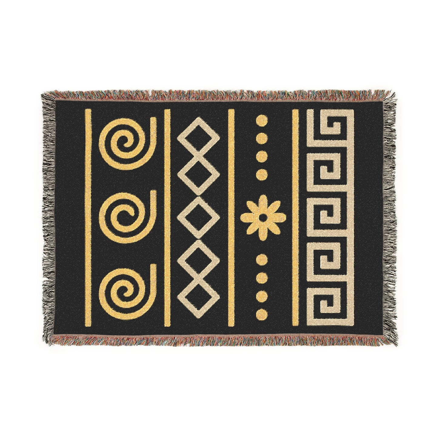 Illyrian Weave - Boho Golden Spiral Woven Throw Blanket in Ochre & Onyx