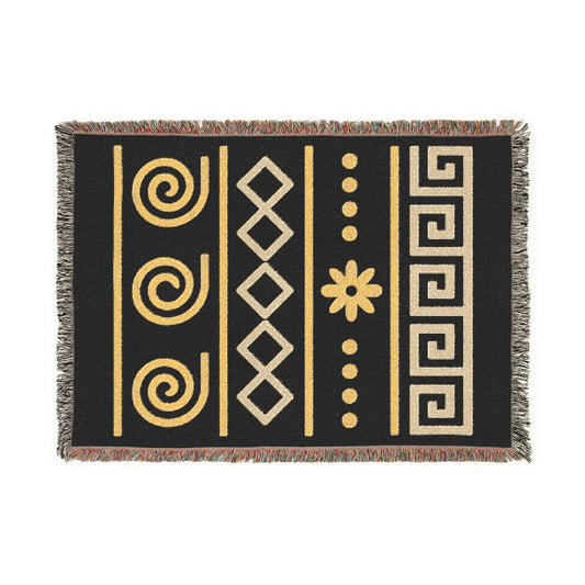 Illyrian Weave - Boho Golden Spiral Woven Throw Blanket in Ochre & Onyx
