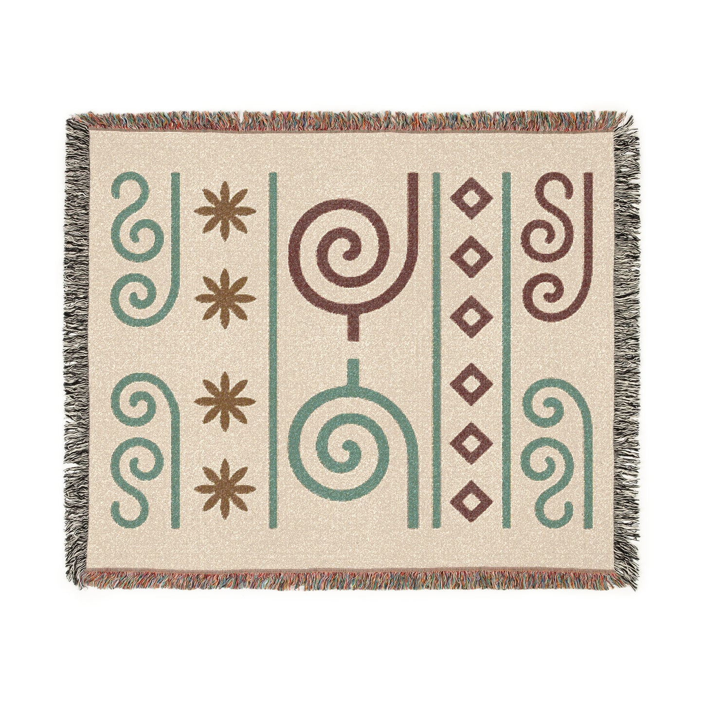 Cream, Teal and Cocoa Boho Spiral & Diamond Woven Throw Blanket - Illyrian Weave