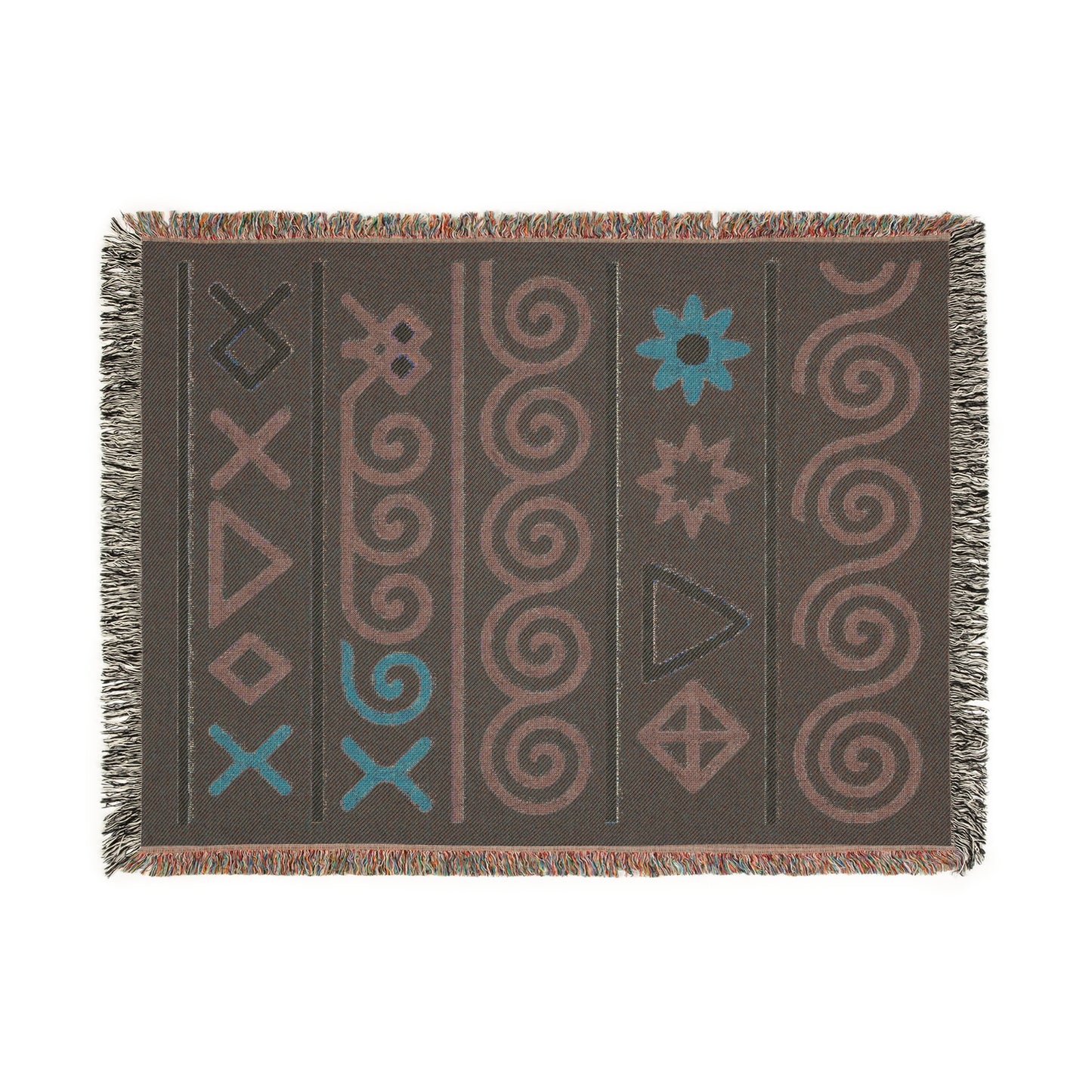 Black, Teal & Golden Boho Tribal Symbol Woven Throw Blanket - Illyrian Weave