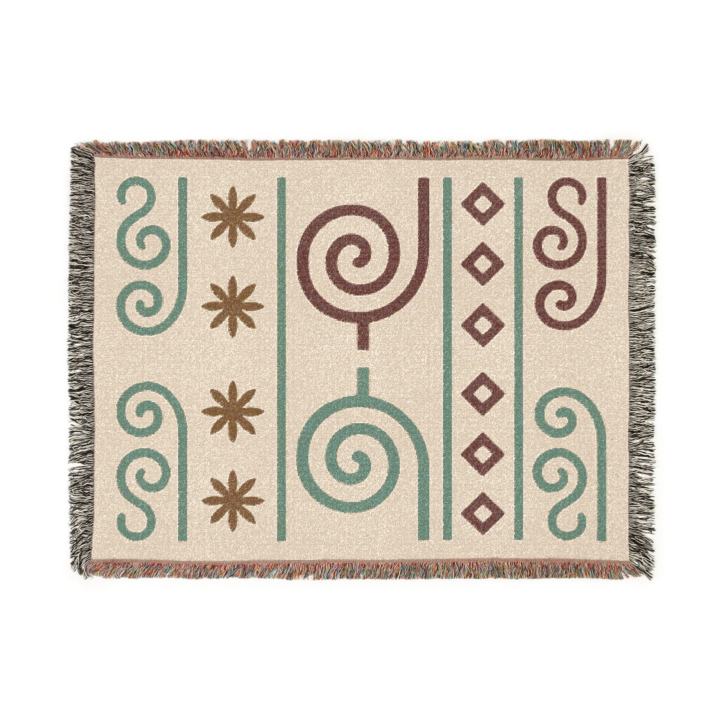 Cream, Teal and Cocoa Boho Spiral & Diamond Woven Throw Blanket - Illyrian Weave