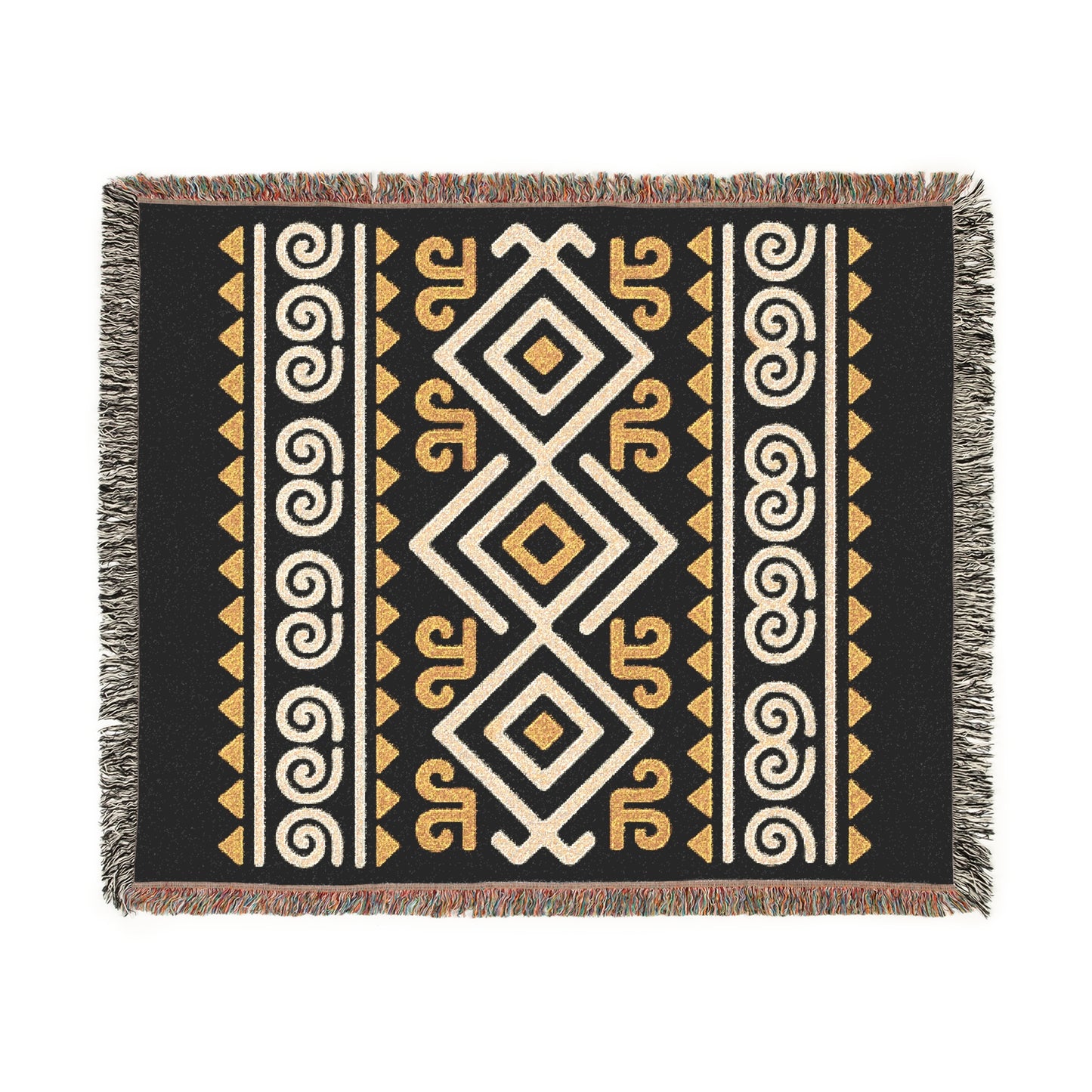Black, Gold & Cream Boho Tribal Diamond Woven Throw Blanket - Illyrian Weave