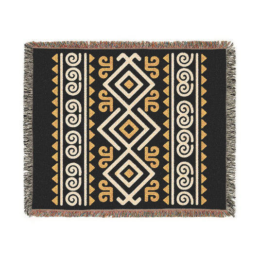 Black, Gold & Cream Boho Tribal Diamond Woven Throw Blanket - Illyrian Weave