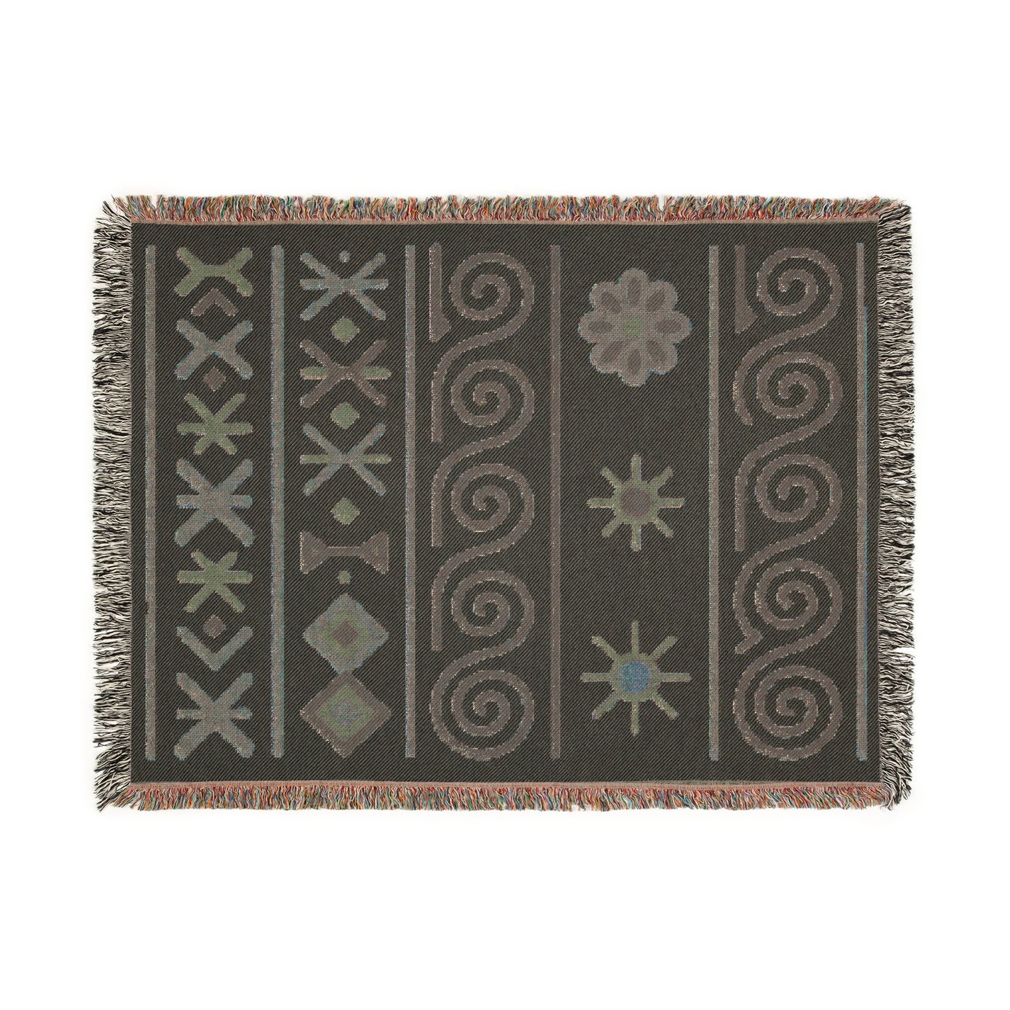 Cream, Charcoal & Taupe Boho Sun and Geometric Woven Throw Blanket - Illyrian Weave