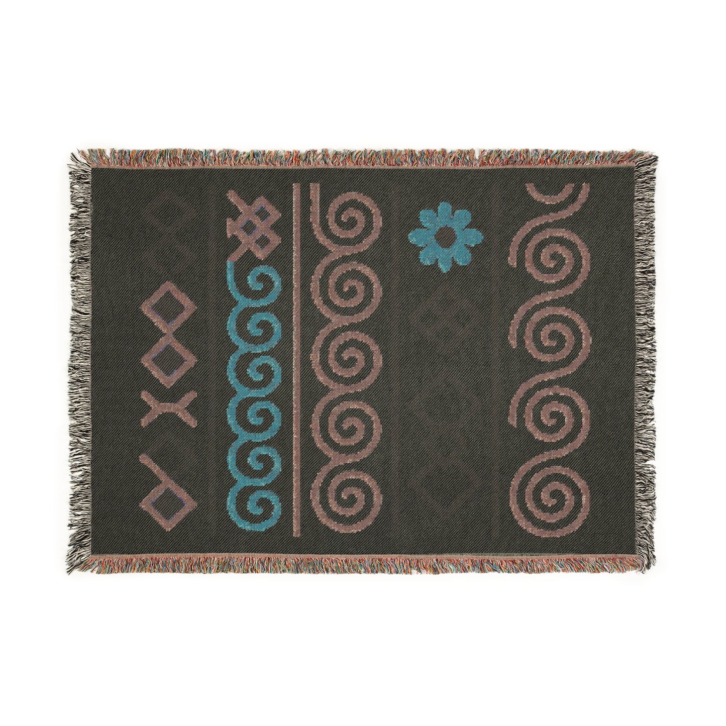 Cream, Teal & Golden Boho Tribal Symbol Woven Throw Blanket - Illyrian Weave