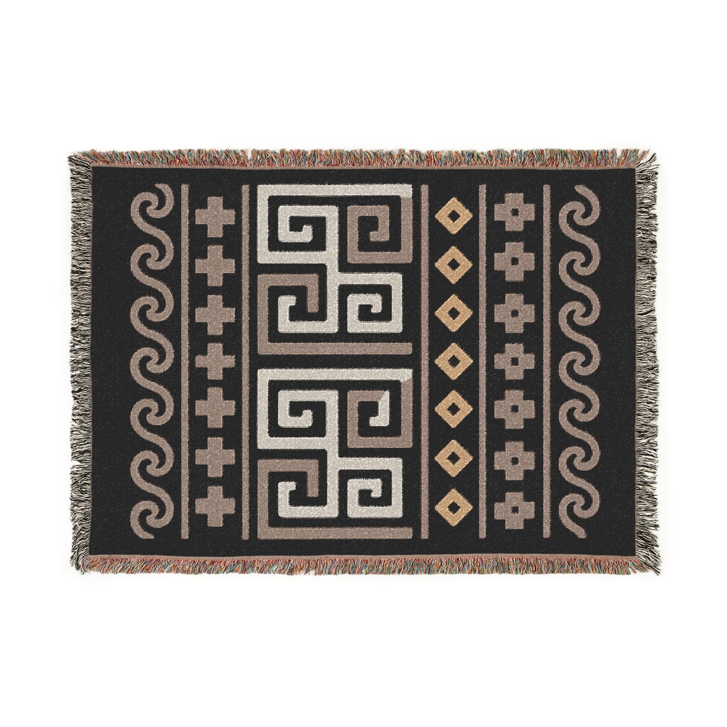 Illyrian Boho Weave - Night Labyrinth Woven Throw Blanket in Sand, Taupe & Onyx