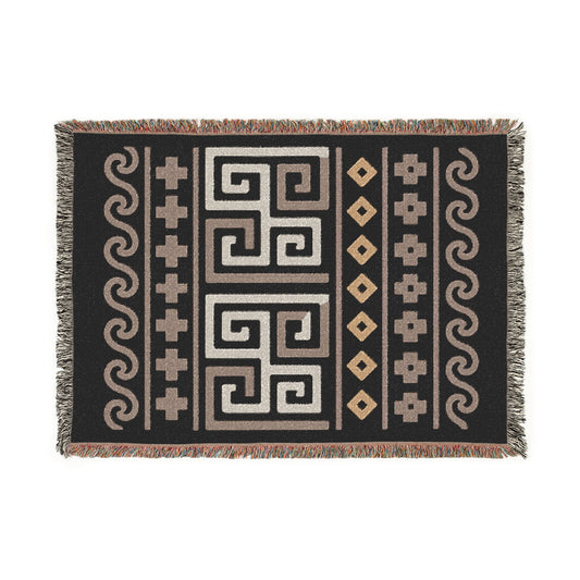 Illyrian Boho Weave - Night Labyrinth Woven Throw Blanket in Sand, Taupe & Onyx