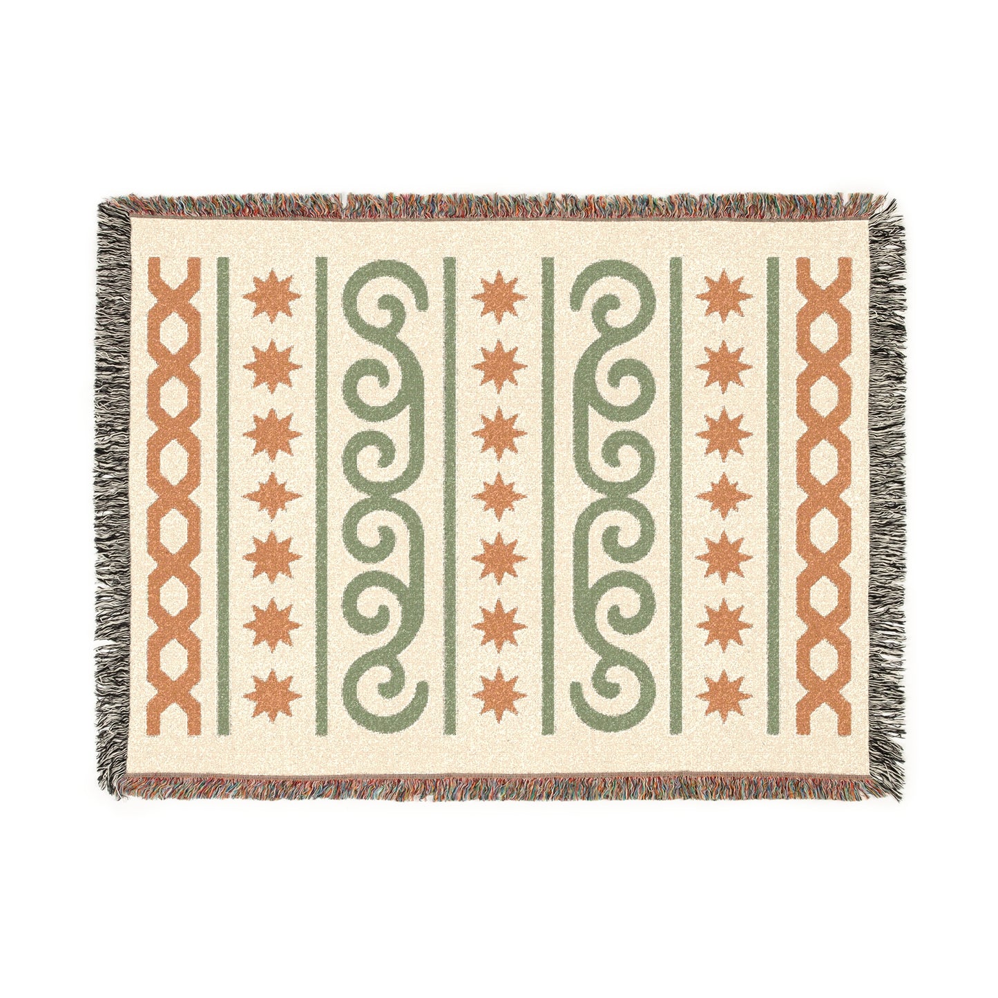 Cream, Sage and Terracotta Boho Star & Wave Woven Throw Blanket - Illyrian Weave