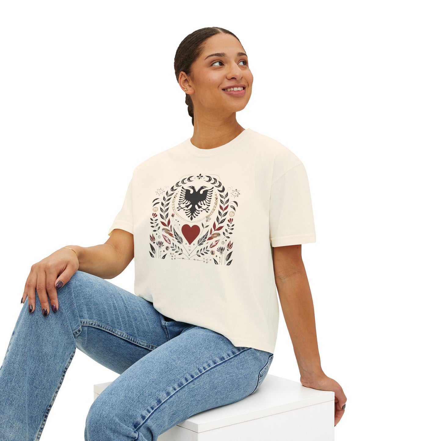 Albanian Heritage Tee – Double-Headed Eagle & Heart | Folk Art Oversized Boxy Fit