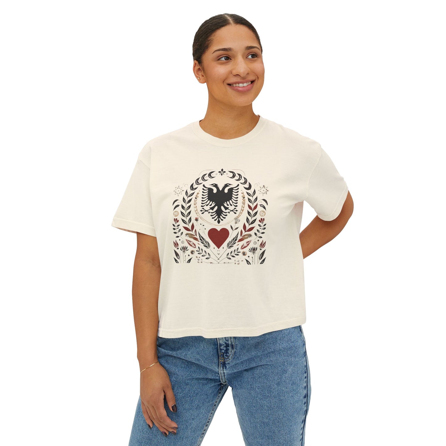 Albanian Heritage Tee – Double-Headed Eagle & Heart | Folk Art Oversized Boxy Fit
