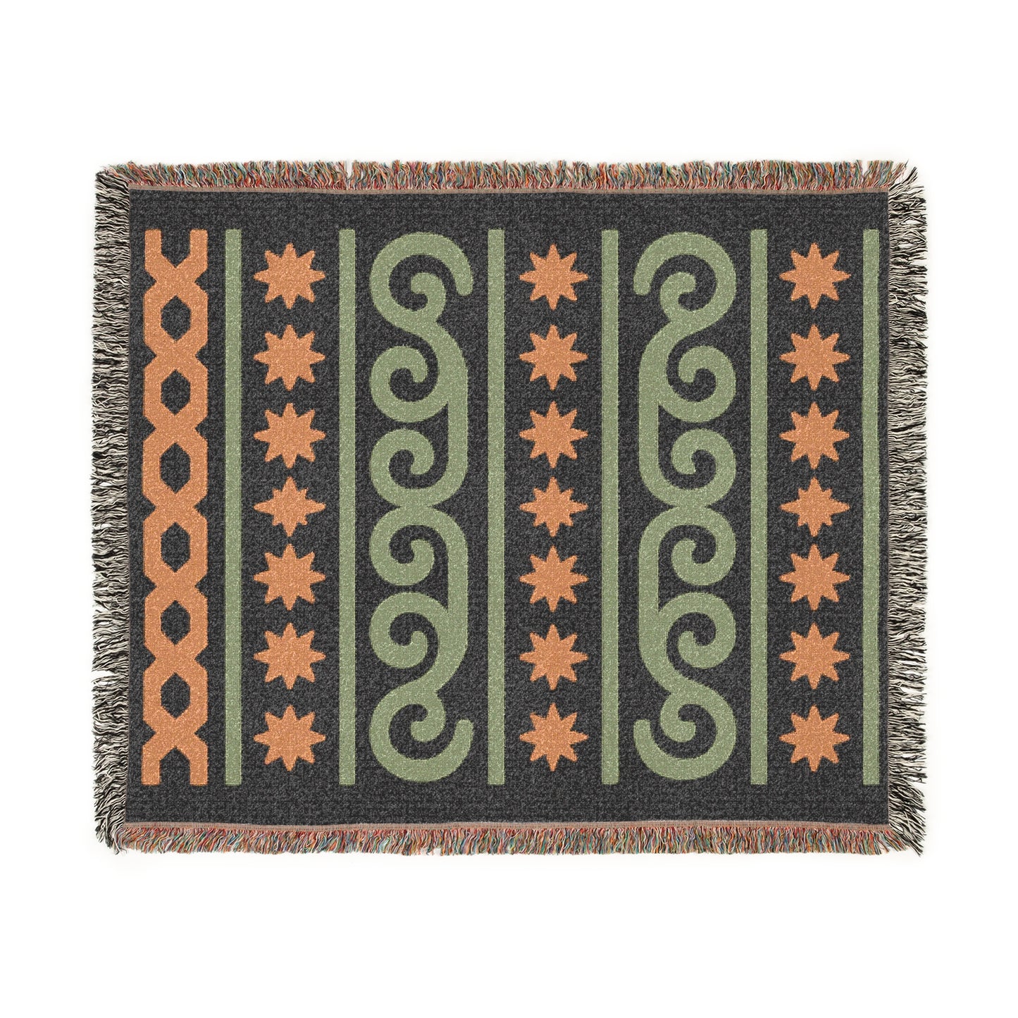 Black, Sage and Terracotta Boho Star & Wave Woven Throw Blanket - Illyrian Weave