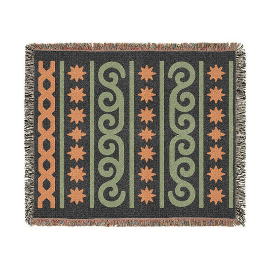 Black, Sage and Terracotta Boho Star & Wave Woven Throw Blanket - Illyrian Weave
