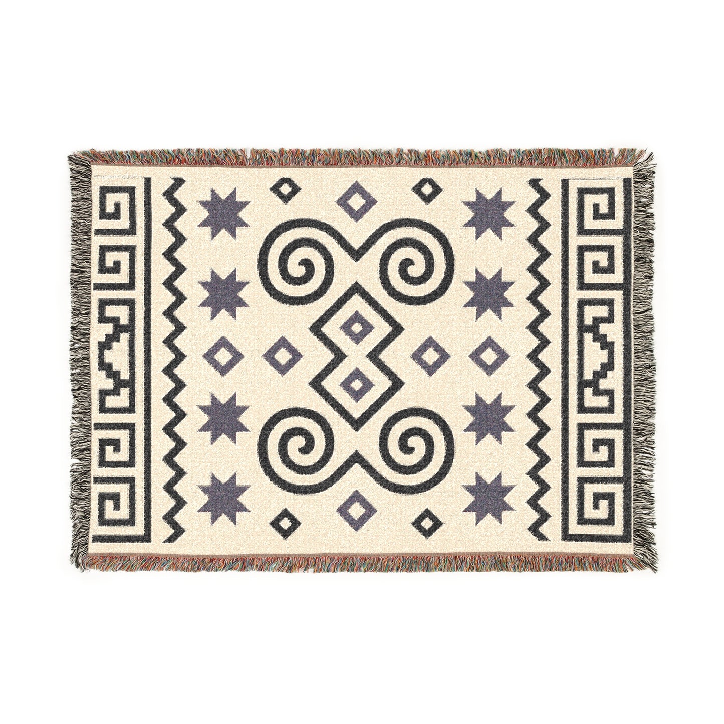 Cream & Charcoal Boho Geometric Spiral Woven Throw Blanket - Illyrian Weave