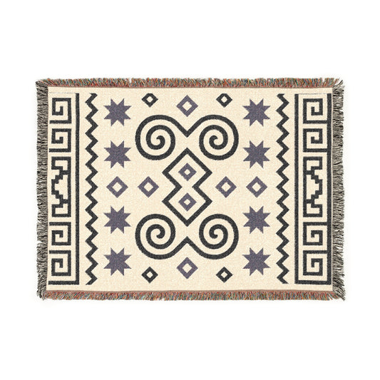 Cream & Charcoal Boho Geometric Spiral Woven Throw Blanket - Illyrian Weave