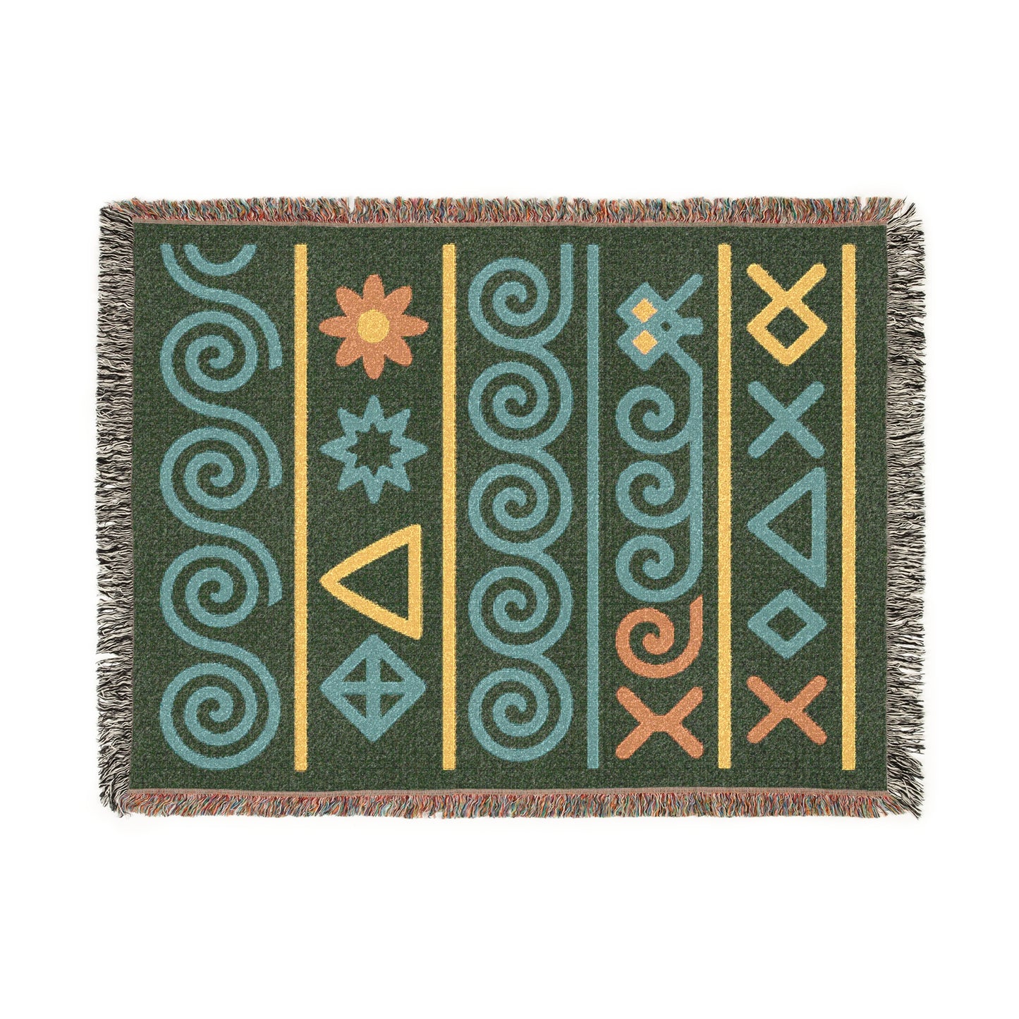 Forest Green, Teal & Golden Boho Tribal Symbol Woven Throw Blanket - Illyrian Weave