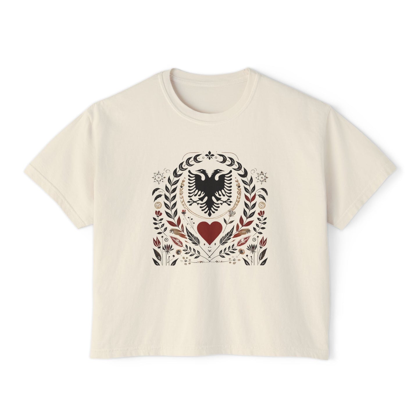 Albanian Heritage Tee – Double-Headed Eagle & Heart | Folk Art Oversized Boxy Fit