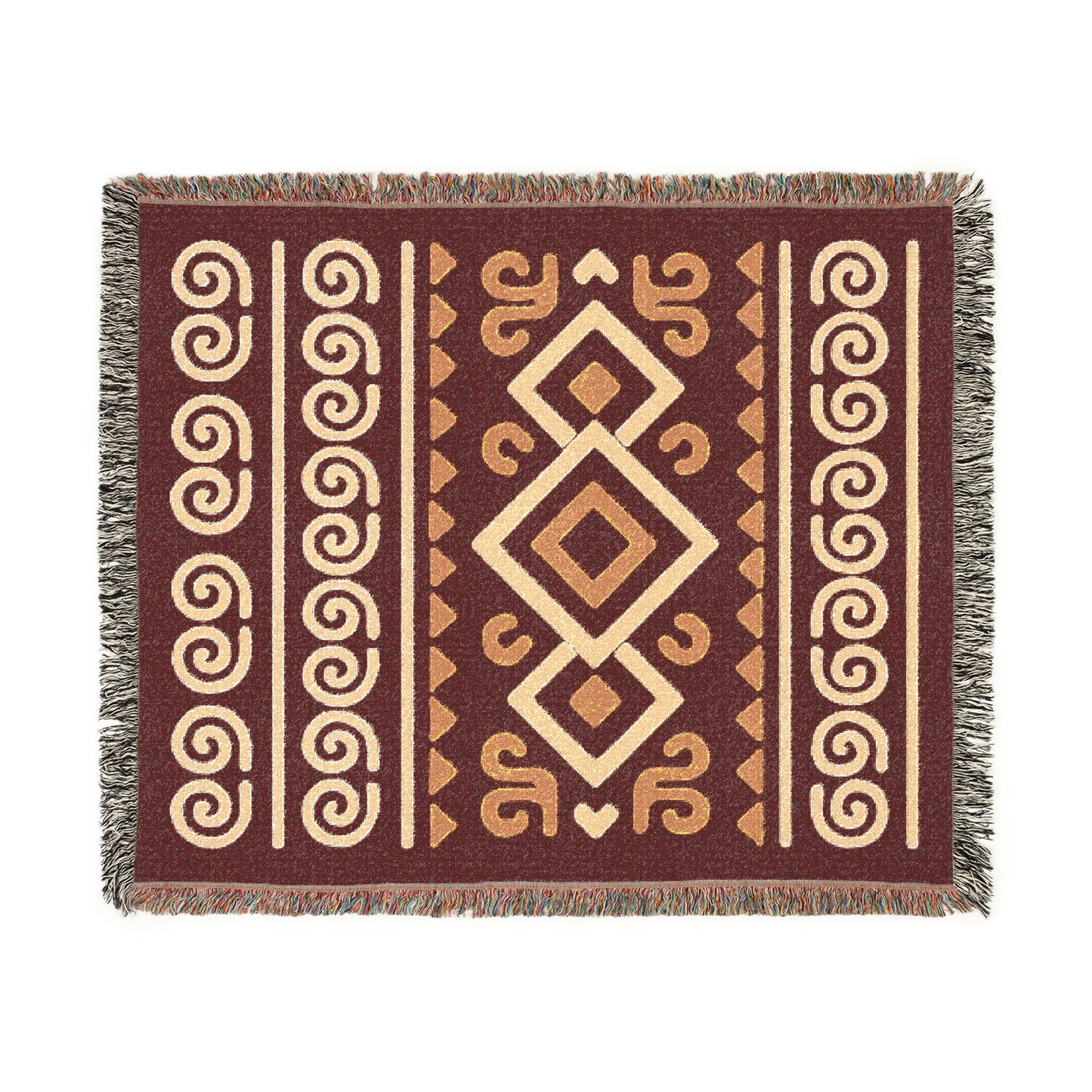 Burgundy, Gold & Cream Boho Diamond Spiral Woven Throw Blanket - Illyrian Weave