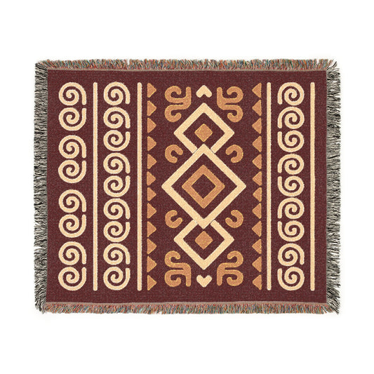 Burgundy, Gold & Cream Boho Diamond Spiral Woven Throw Blanket - Illyrian Weave