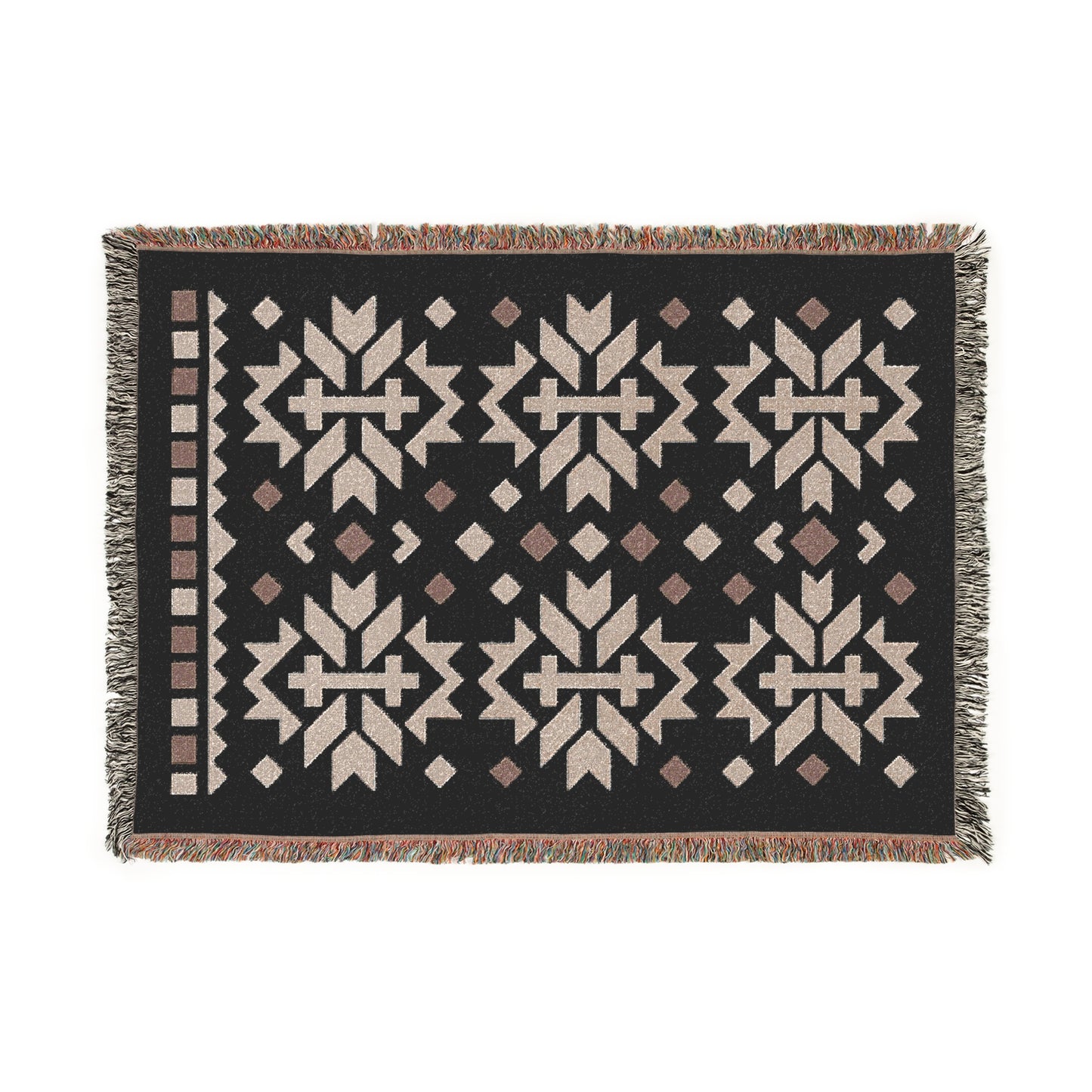 Taupe, Stone & Cream Boho Folk Cross Pattern Woven Throw Blanket - Illyrian Weave