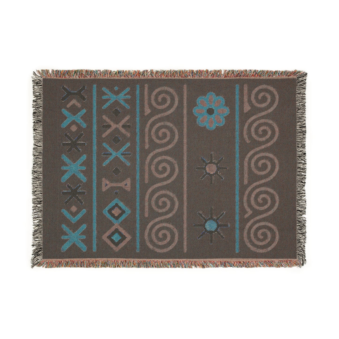 Black, Teal and Sunset Boho Sunburst Symbol Woven Throw Blanket - llyrian Weave