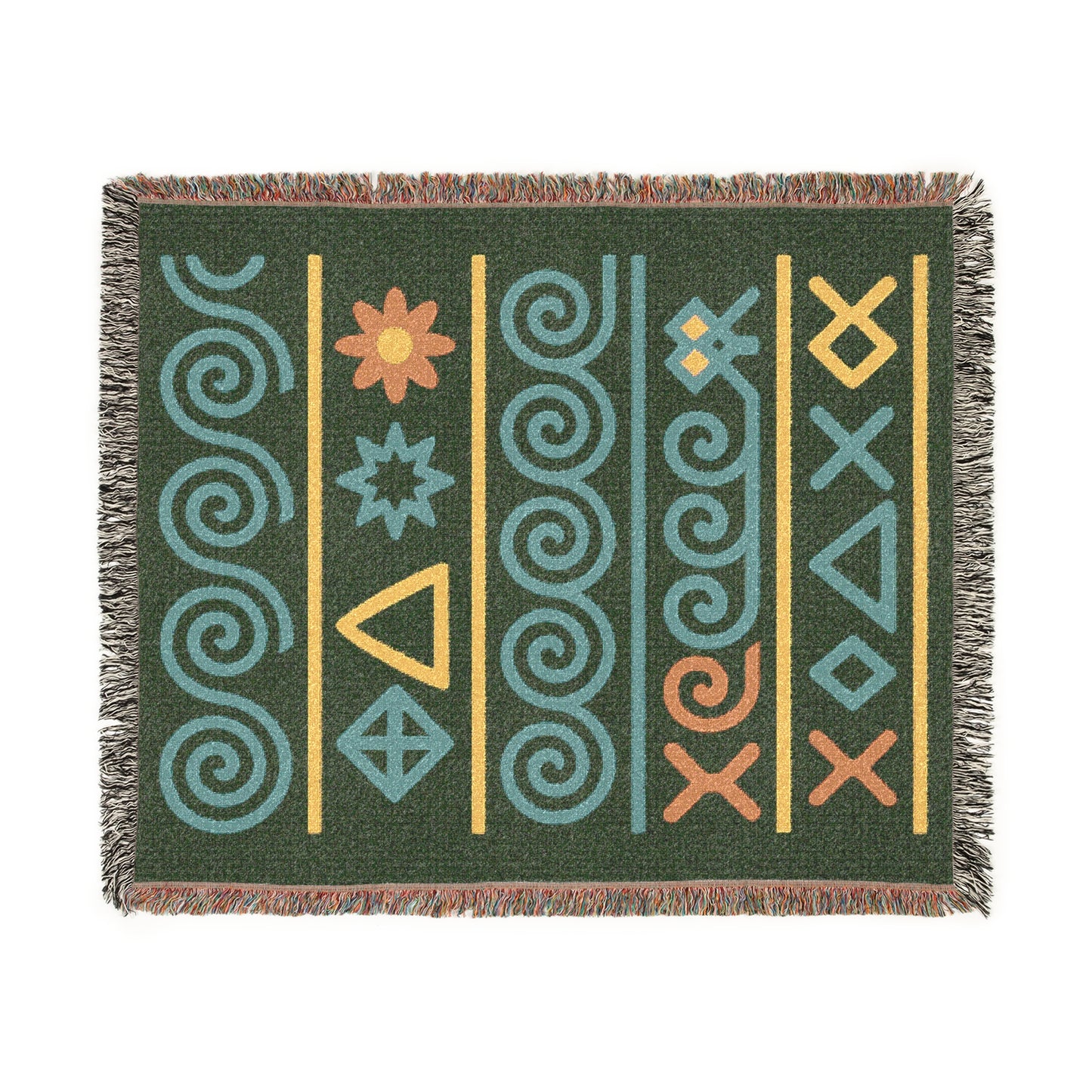 Forest Green, Teal & Golden Boho Tribal Symbol Woven Throw Blanket - Illyrian Weave