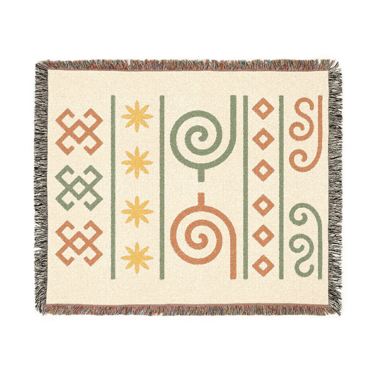 Sage, Terracotta & Gold Boho Tribal Symbol Woven Throw Blanket - Illyrian Weave