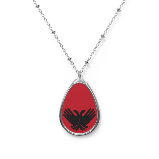 Oval Necklace, Albanian Heritage Pendant Jewelry Gift, Patriotic Necklace, Red Background, Eagle Gesture
