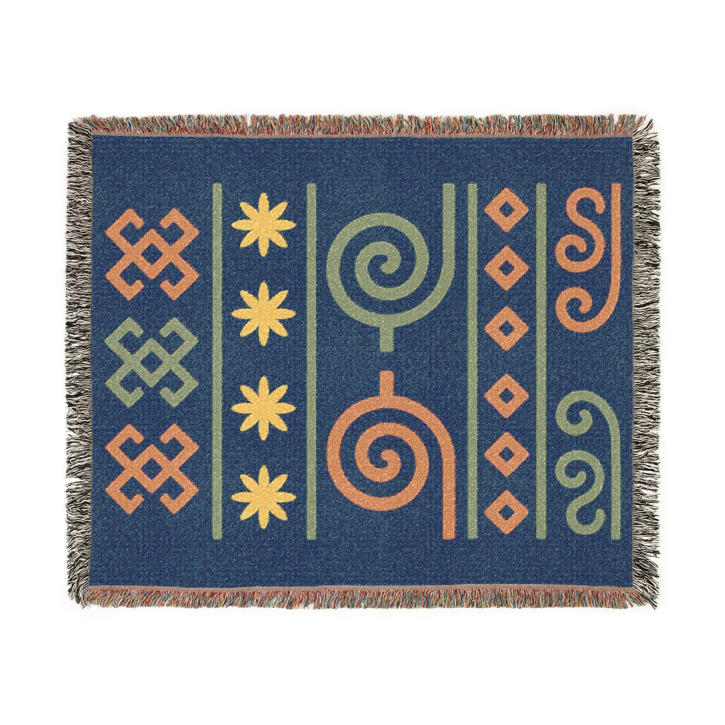 Navy, Terracotta & Sage Boho Tribal Symbol Woven Throw Blanket - Illyrian Weave