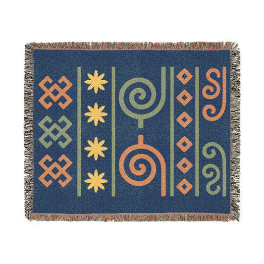 Navy, Terracotta & Sage Boho Tribal Symbol Woven Throw Blanket - Illyrian Weave