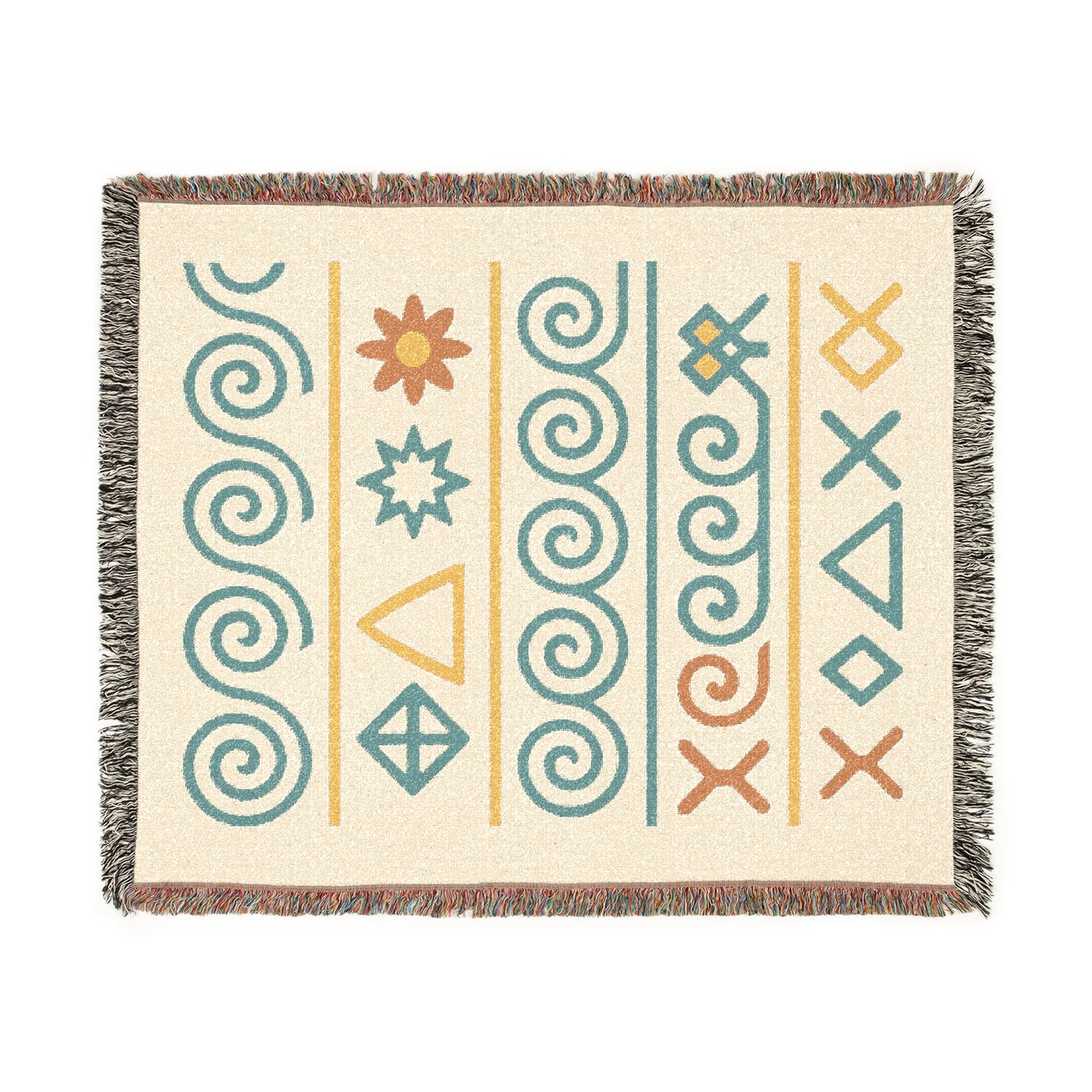 Cream, Teal & Golden Boho Tribal Symbol Woven Throw Blanket - Illyrian Weave