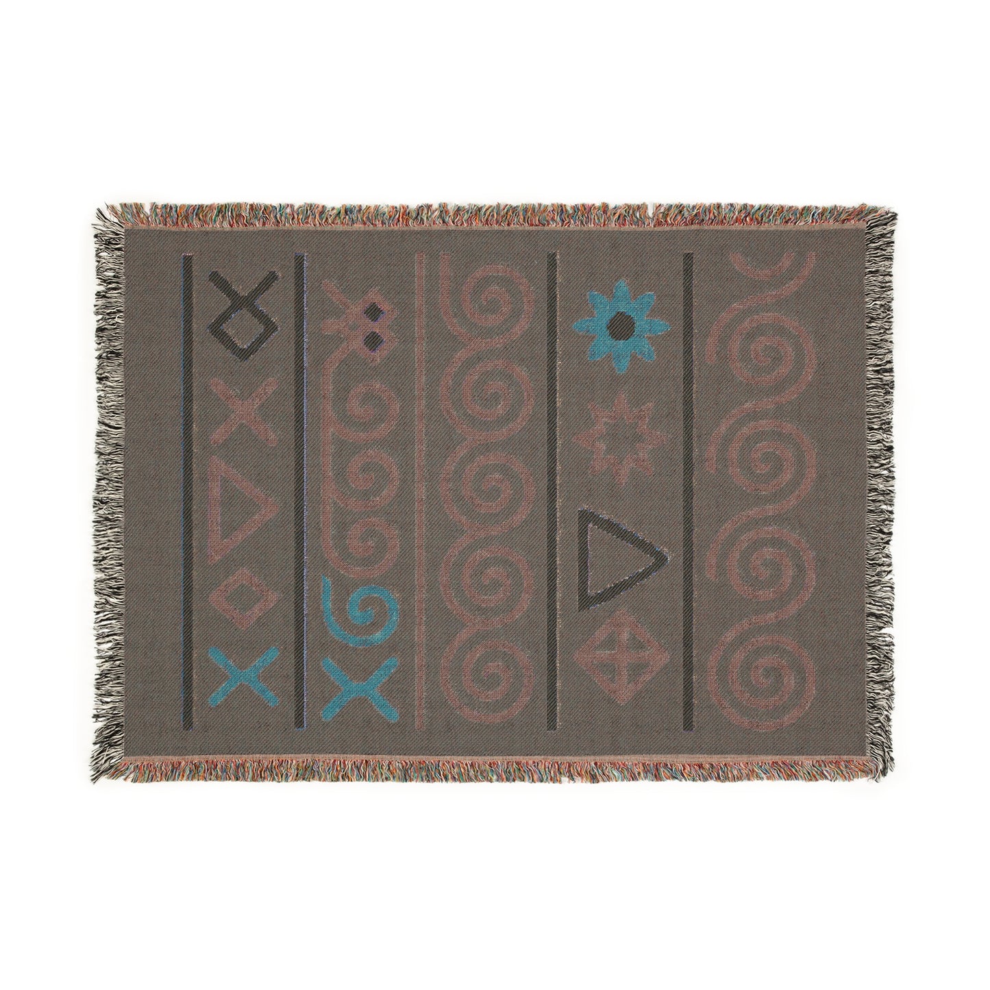 Forest Green, Teal & Golden Boho Tribal Symbol Woven Throw Blanket - Illyrian Weave