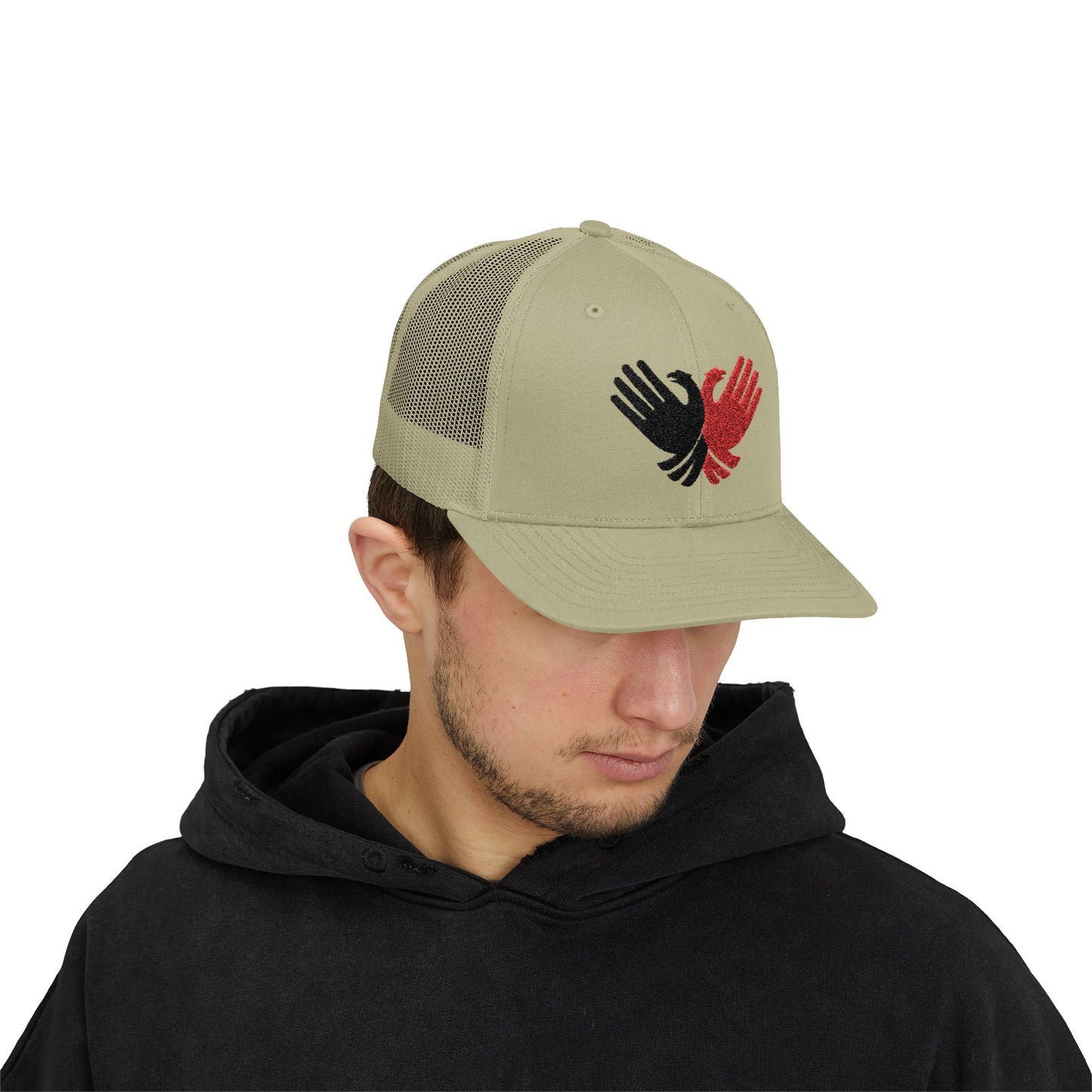 Albanian Pride Trucker Hat - Crossed Hands Double-Headed Eagle Design