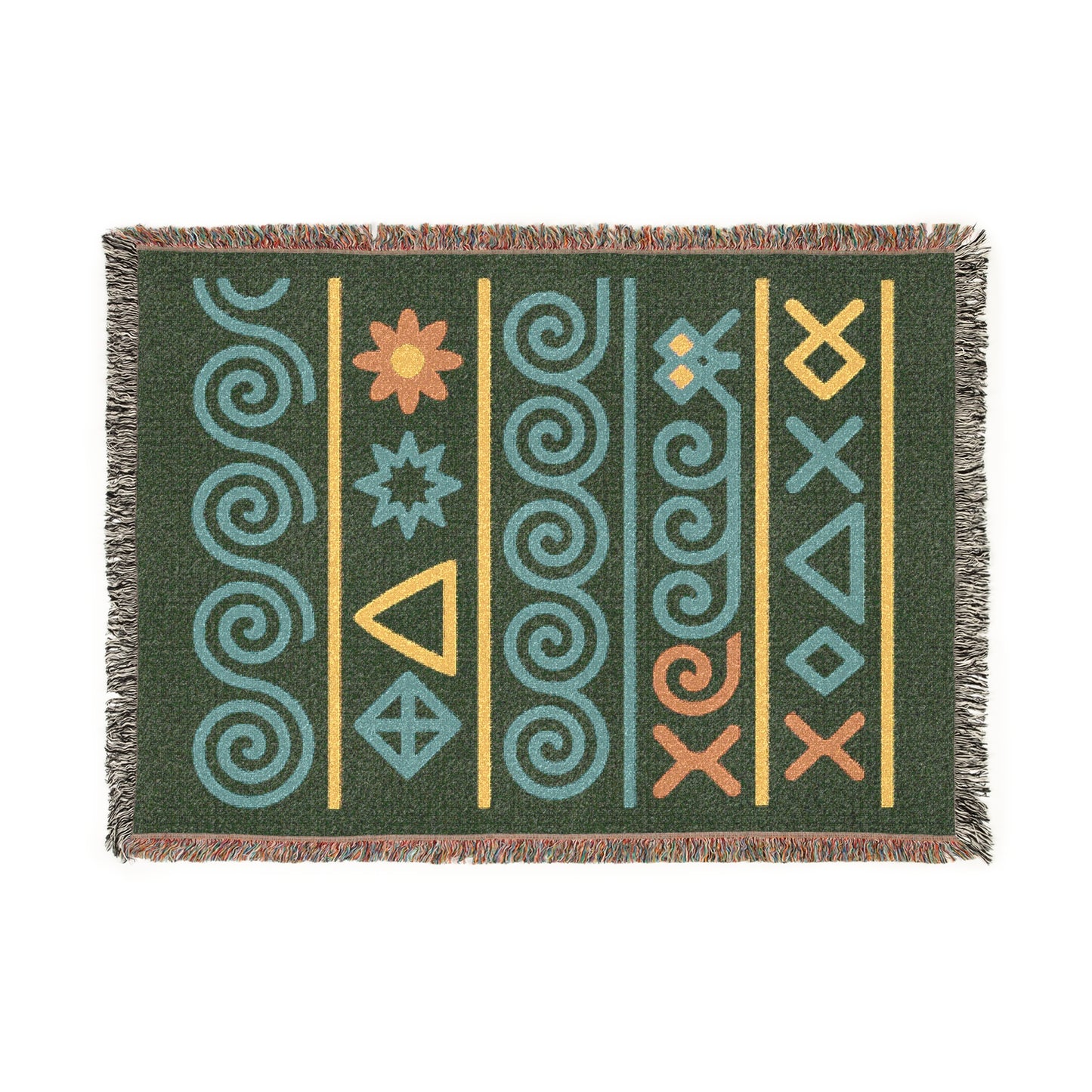 Forest Green, Teal & Golden Boho Tribal Symbol Woven Throw Blanket - Illyrian Weave