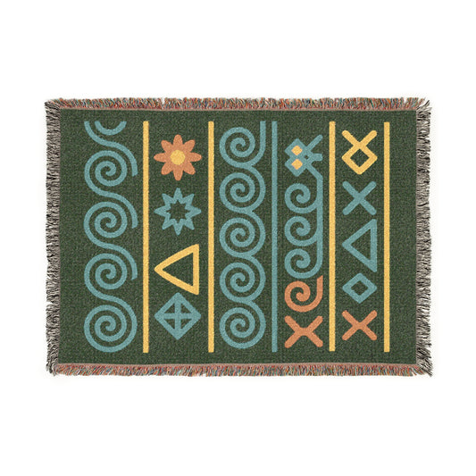 Forest Green, Teal & Golden Boho Tribal Symbol Woven Throw Blanket - Illyrian Weave
