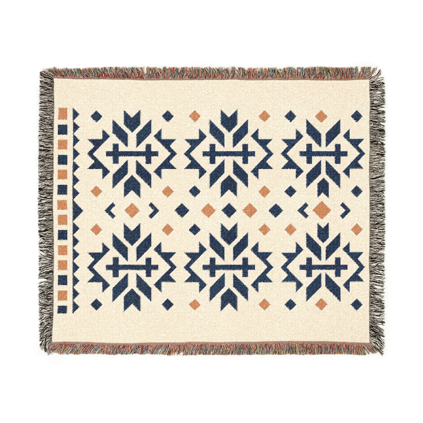 Navy, Gold & Cream Boho Folk Cross Pattern Woven Throw Blanket - Illyrian Weave