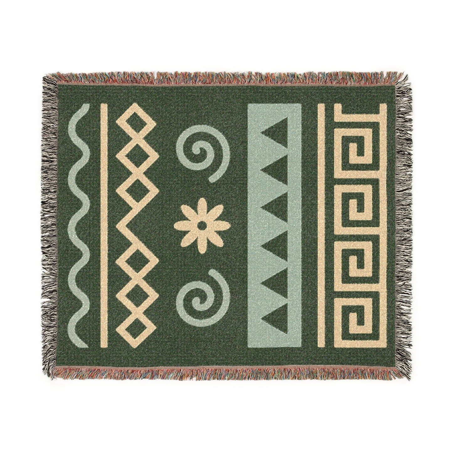 Sage Green & Soft Gold Boho Tribal Harmony Woven Throw Blanket - Illyrian Weave