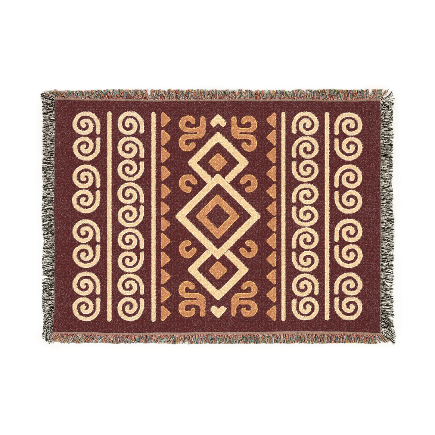 Burgundy, Gold & Cream Boho Diamond Spiral Woven Throw Blanket - Illyrian Weave