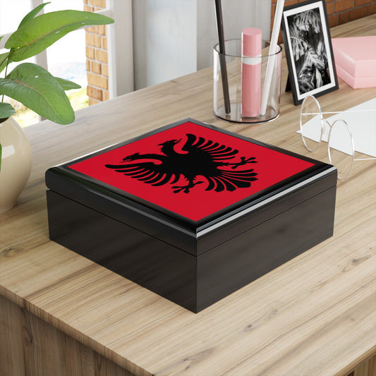 Albanian Eagle Jewelry Box, Keepsake Organizer, Unique Gift, Home Decor, Red and Black Design, Cultural Heritage, size 6" x 6" (15cm x 15cm)