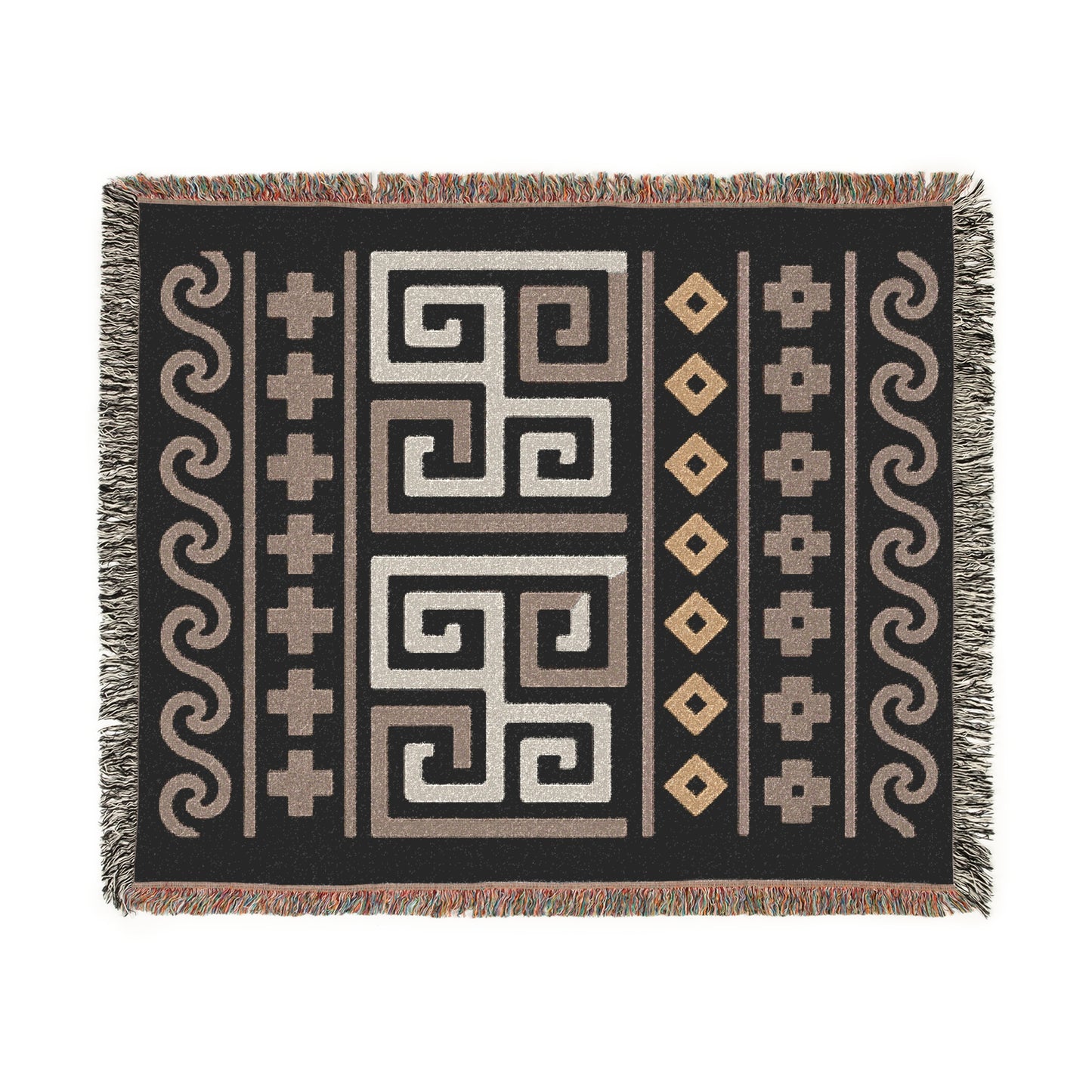 Illyrian Boho Weave - Night Labyrinth Woven Throw Blanket in Sand, Taupe & Onyx