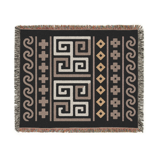Illyrian Boho Weave - Night Labyrinth Woven Throw Blanket in Sand, Taupe & Onyx