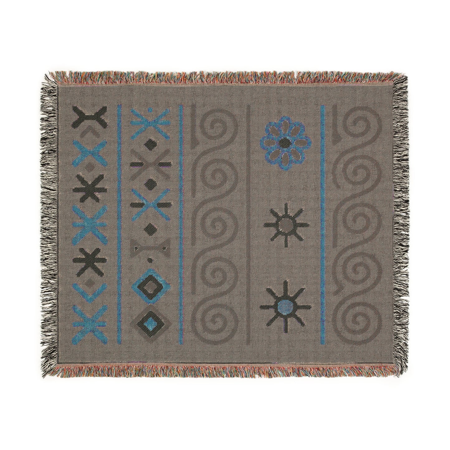 Sage Green, Black & Sand Boho Sunburst Symbol Woven Throw Blanket - llyrian Weave