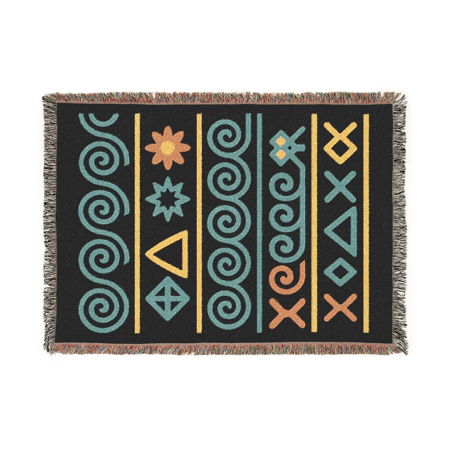 Black, Teal & Golden Boho Tribal Symbol Woven Throw Blanket - Illyrian Weave