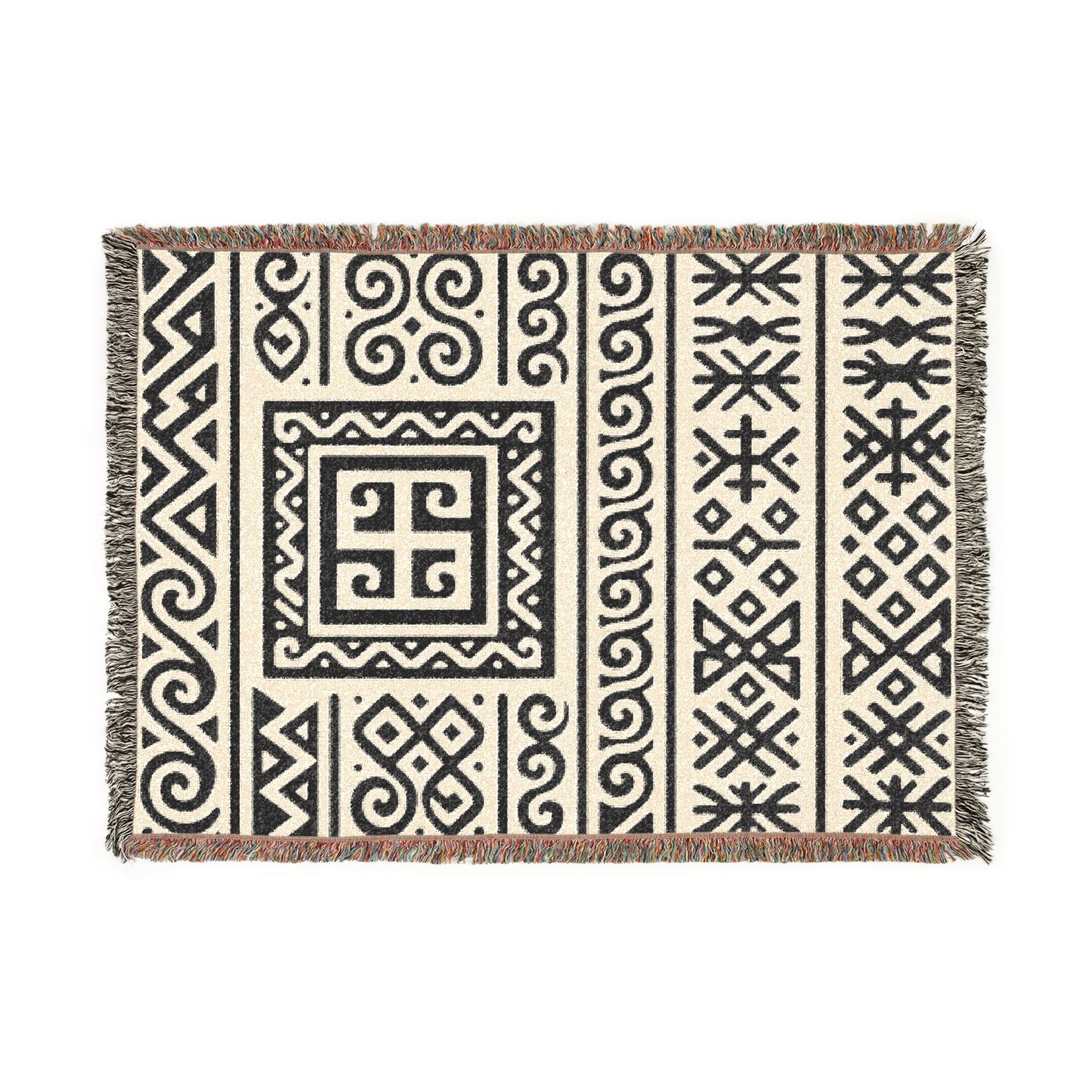Cream & Charcoal Boho Heritage Geometric Woven Throw Blanket - Illyrian Weave