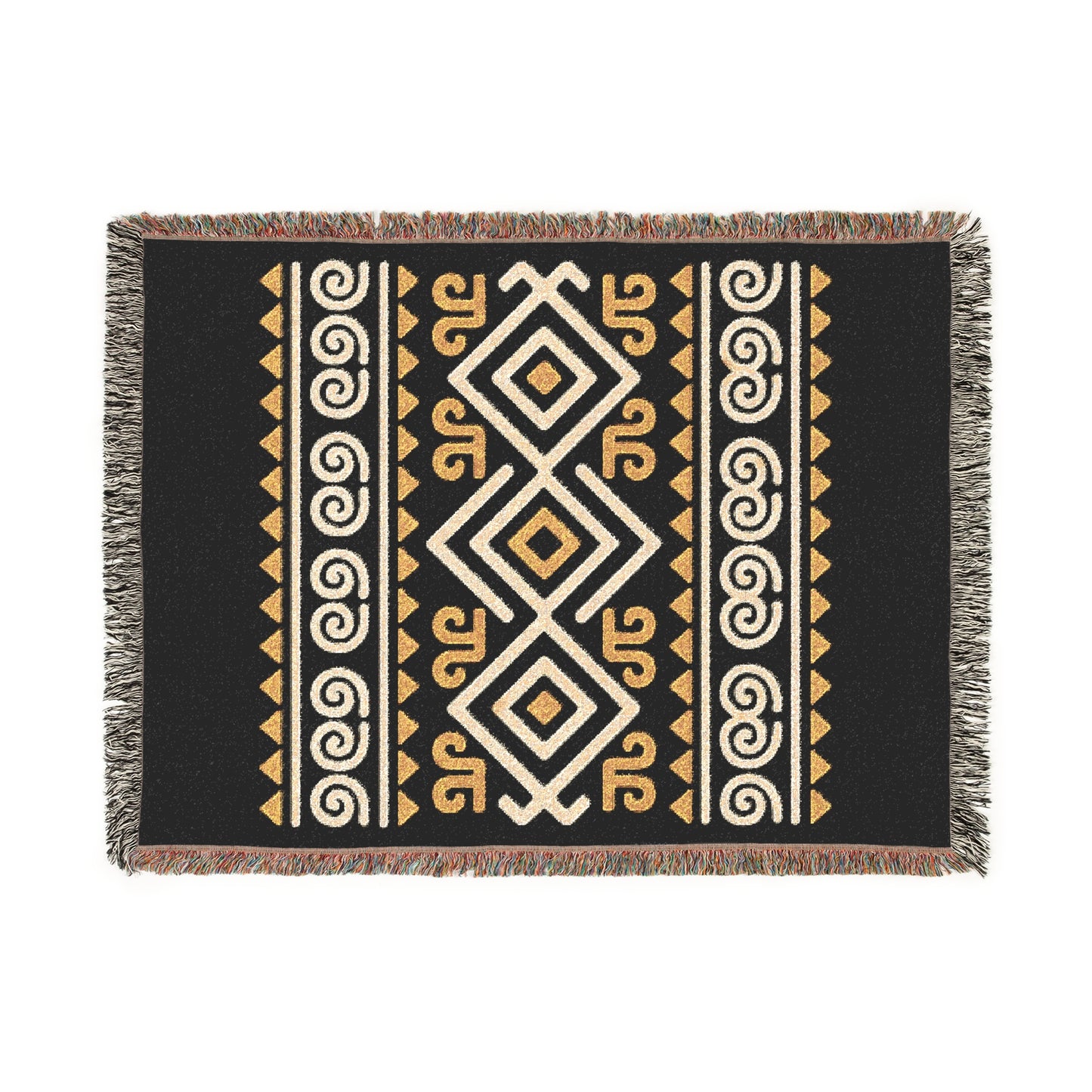 Black, Gold & Cream Boho Tribal Diamond Woven Throw Blanket - Illyrian Weave