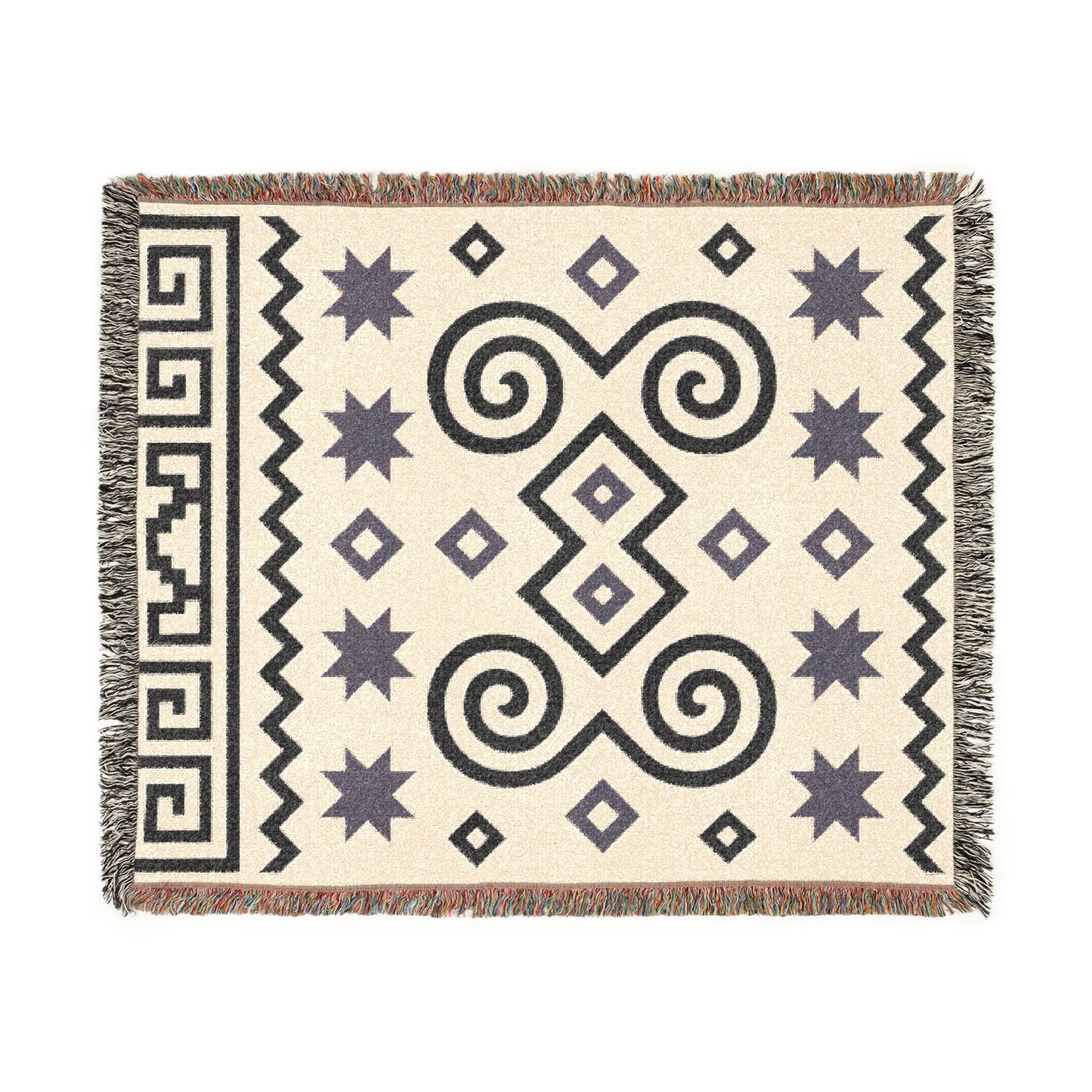 Cream & Charcoal Boho Geometric Spiral Woven Throw Blanket - Illyrian Weave