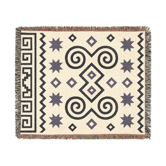 Cream & Charcoal Boho Geometric Spiral Woven Throw Blanket - Illyrian Weave