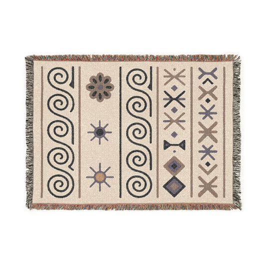 Cream, Charcoal & Taupe Boho Sun and Geometric Woven Throw Blanket - Illyrian Weave